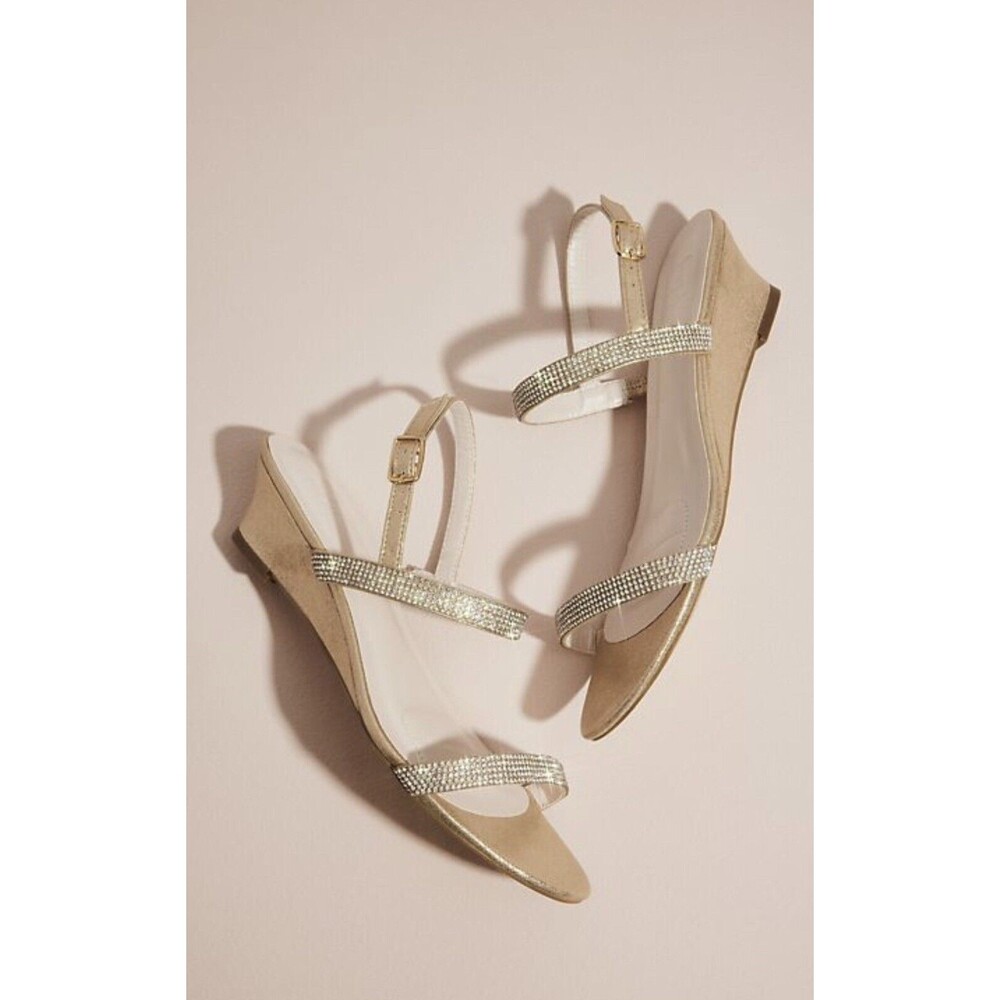 David’s Bridal Champagne Wedge Heels, Size 6, Sheath Crystal Wedge Sandals